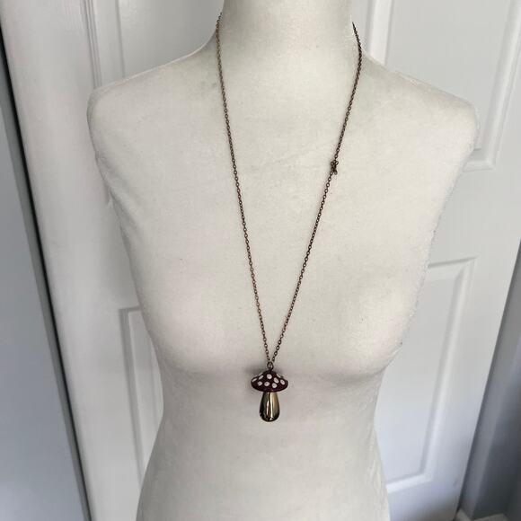 Whimsical Toadstool Mushroom Pendant Necklace on Gold Tone Chain - Picture 1 of 6